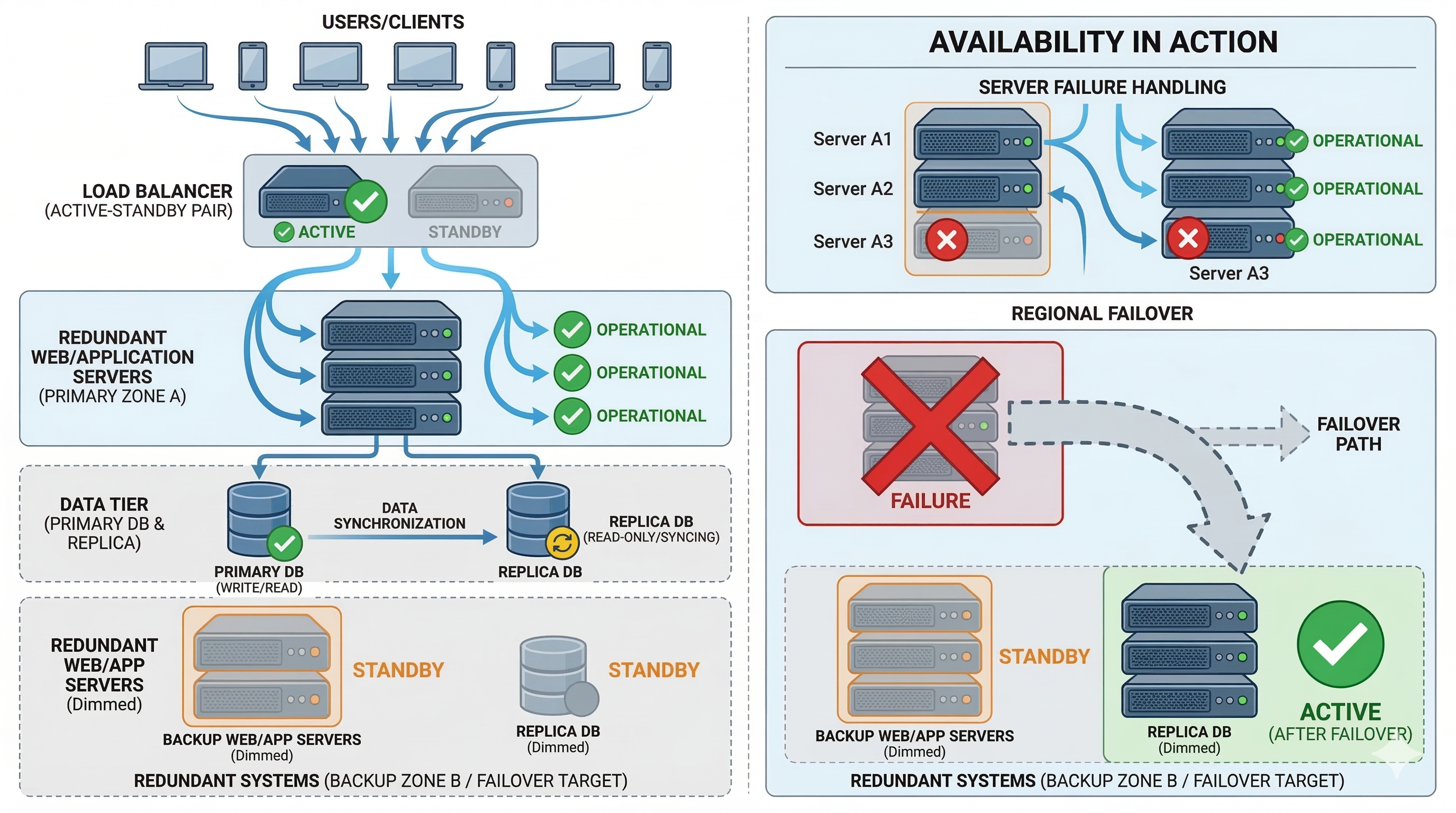 High-availability architecture with load balancer, replicas, and failover paths